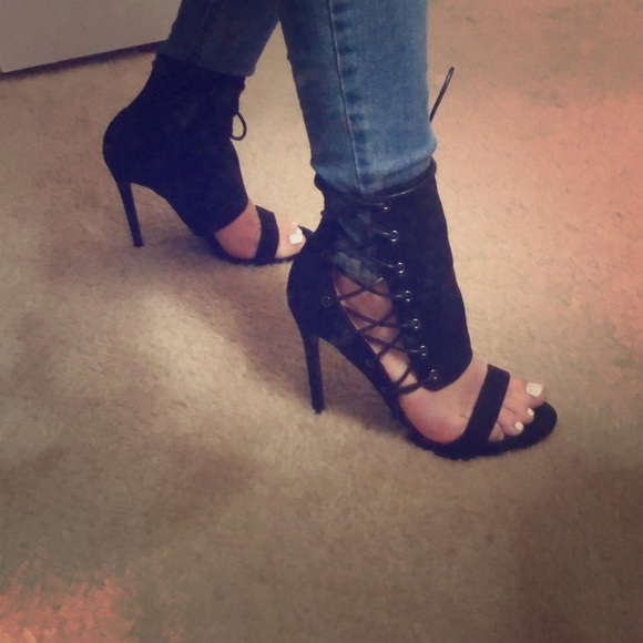 Black Suede Lace-Up Heels - Picture 2 of 4